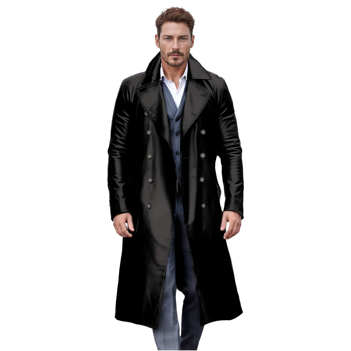 Men's Winter Long Coat Leather Double-Breasted German Military Jacket | 1217-FY8