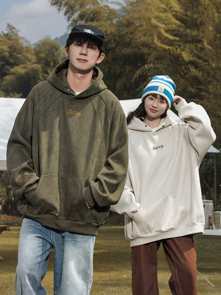 Unisex Heavy Suede Hooded Sweatshirt Retro American Style for Autumn & Winter Loose Fit Hoodie | L3848