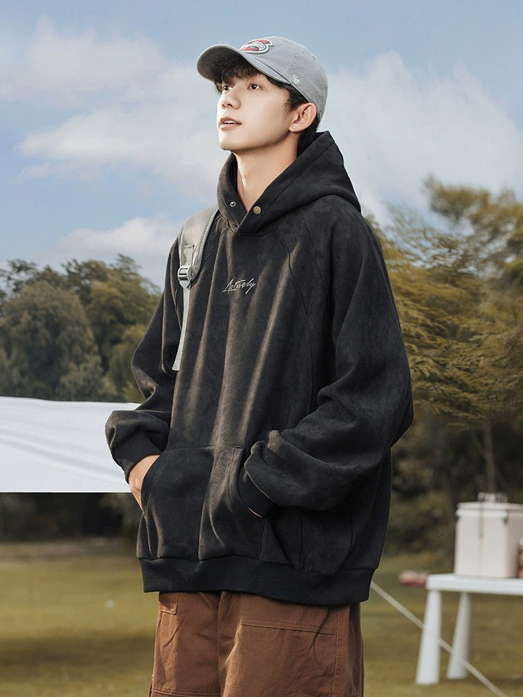 Unisex Heavy Suede Hooded Sweatshirt Retro American Style for Autumn & Winter Loose Fit Hoodie | L3848