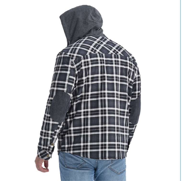 Top Quality Men's Plaid Checked Shirt Jacket Plus Size Velvet Lined Windproof Warm Hooded Cotton Coat | 3252
