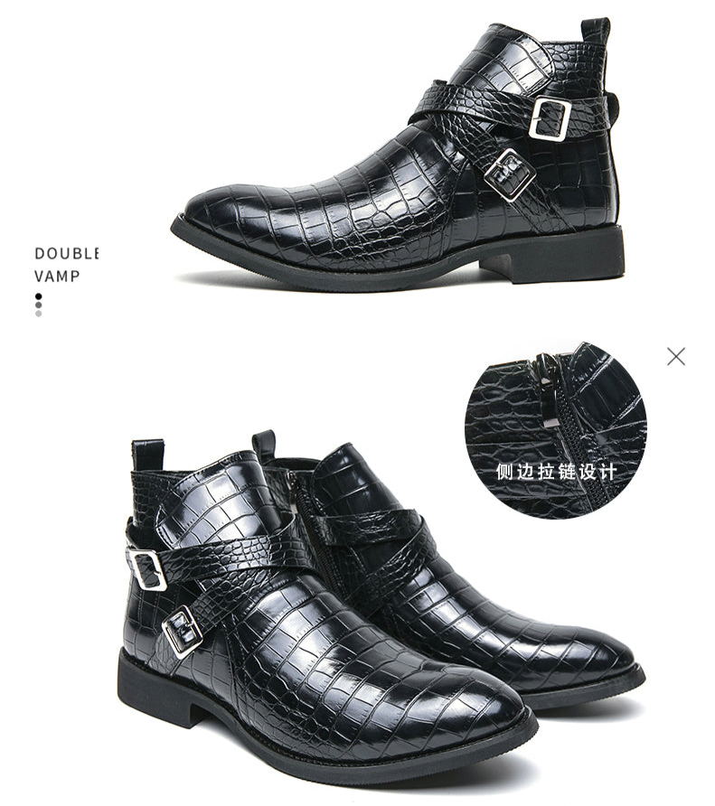 Scarpe da uomo in pelle con cerniera e goffratura alte, stivali Martin vintage | 6805