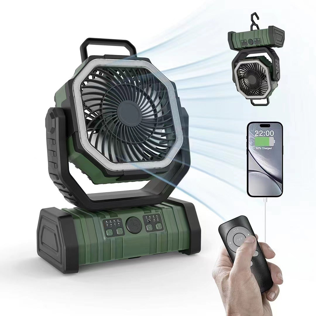 Ventilatore da campeggio portatile ricaricabile per esterni con gancio Ventilatore da tavolo USB con luce LED di emergenza e power bank per picnic, escursionismo, pesca