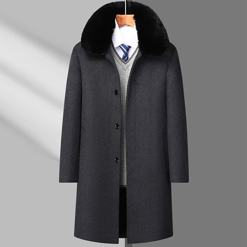 Trench lungo monopetto casual da uomo, da lavoro, invernale, in lana, con collo in pelliccia | DY9802