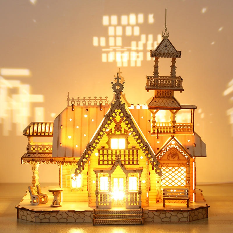 Puzzle 3D in legno Villa Castello Fai da te Artigianato in legno Bambini Illumina Hobby Giocattoli educativi | PT-045