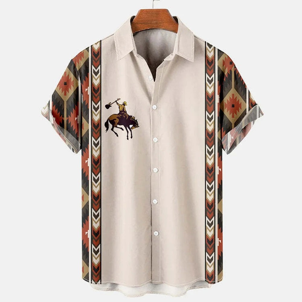 Maglietta casual a maniche corte da uomo con stampa etnica vintage, da cowboy, con risvolto e bottoni, polo da strada