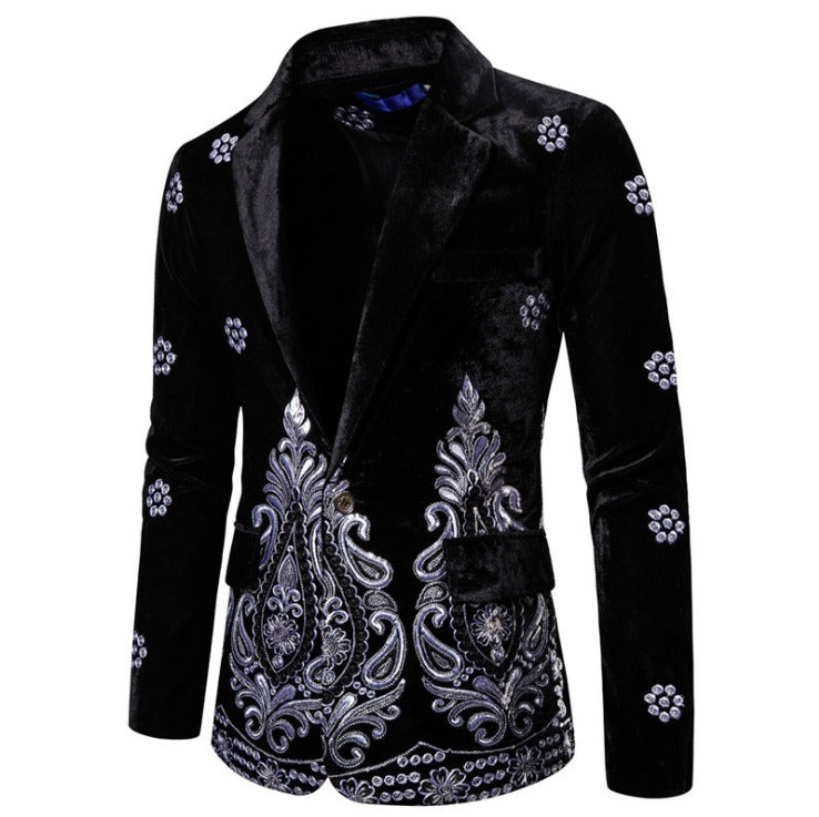 Giacca blazer di lusso da uomo, abito da sposa in velluto con ricamo in filo d'oro, costume da festa in discoteca | X1009
