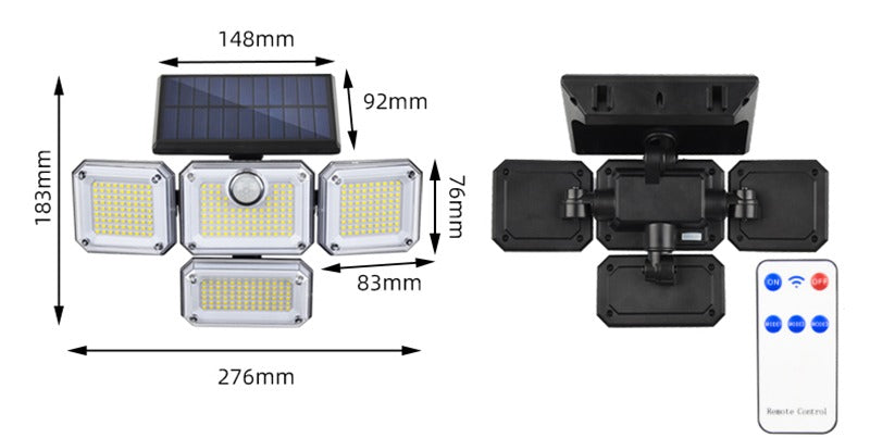 Lampada solare da parete a LED per esterni con sensore di movimento diviso, 4 teste, 3 modalità, lampada solare |