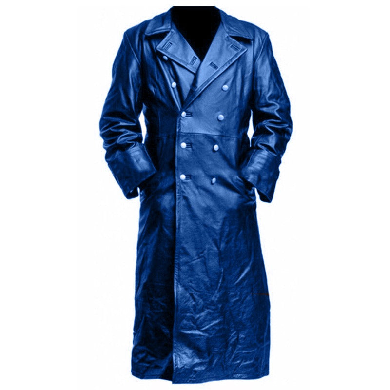 Men's Winter Long Coat Leather Double-Breasted German Military Jacket | 1217-FY8