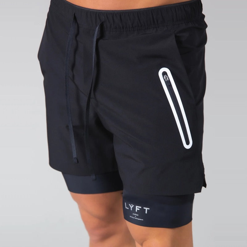Short de sport à double épaisseur avec poche zippée pour homme, pour entraînement, course à pied, gym | DK-03