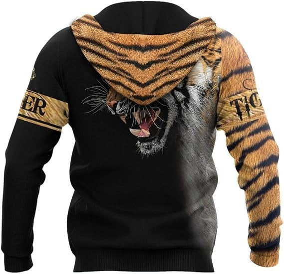 Felpe con cappuccio casual con stampa digitale e stampa 3D di Tiger da uomo in inverno