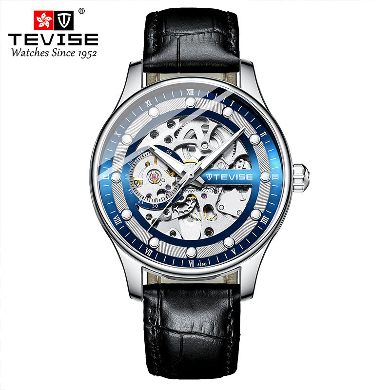Orologio da polso meccanico automatico scheletrato da uomo con cinturino in pelle | T836D