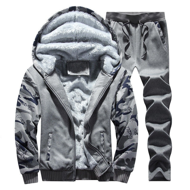 Survêtement camouflage pour homme avec fermeture éclair et veste à capuche en polaire épaisse d'hiver + pantalon