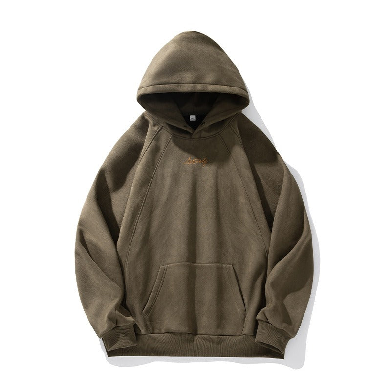 Unisex Heavy Suede Hooded Sweatshirt Retro American Style for Autumn & Winter Loose Fit Hoodie | L3848