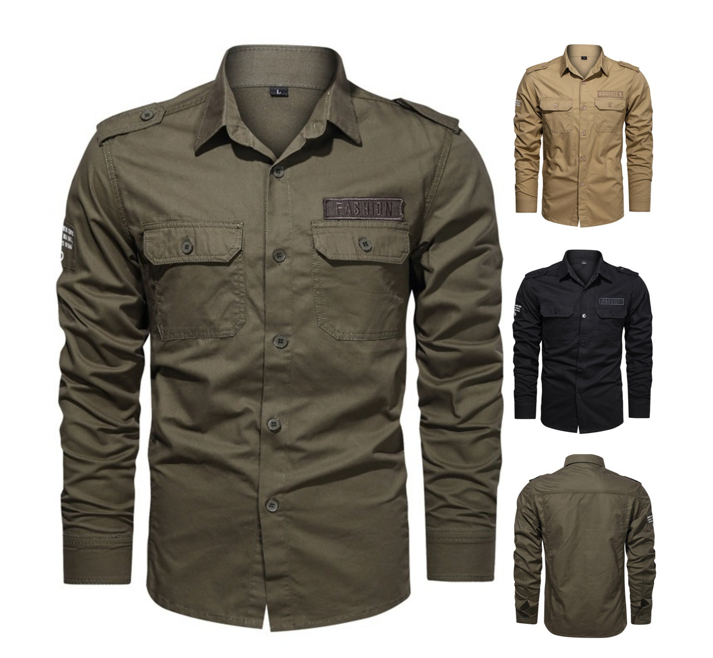 Camicia militare a maniche lunghe da esterno, in cotone tinta unita, taglie forti, da uomo | 1907