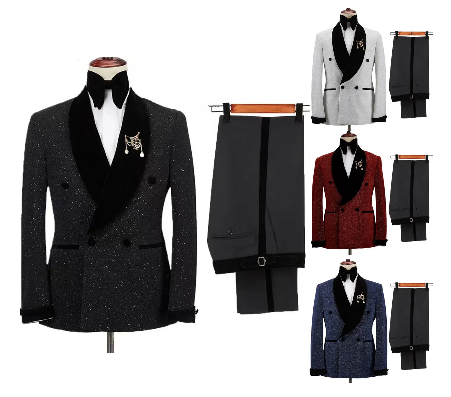 Giacca lucida con pantaloni set abiti 2 pezzi smoking sposo nero velluto piatto collo scialle abiti da sposa smoking | LL830