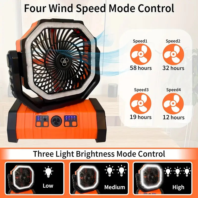 Ventilatore da campeggio portatile ricaricabile per esterni con gancio Ventilatore da tavolo USB con luce LED di emergenza e power bank per picnic, escursionismo, pesca