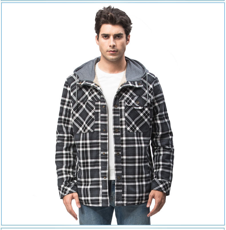 Top Quality Men's Plaid Checked Shirt Jacket Plus Size Velvet Lined Windproof Warm Hooded Cotton Coat | 3252