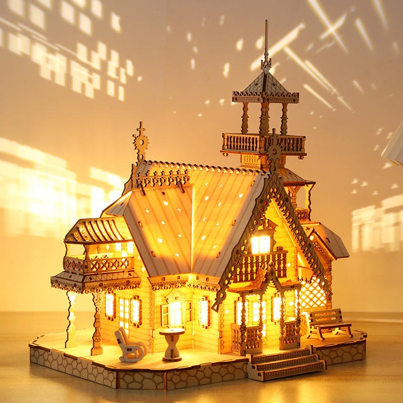 Puzzle 3D in legno Villa Castello Fai da te Artigianato in legno Bambini Illumina Hobby Giocattoli educativi | PT-045