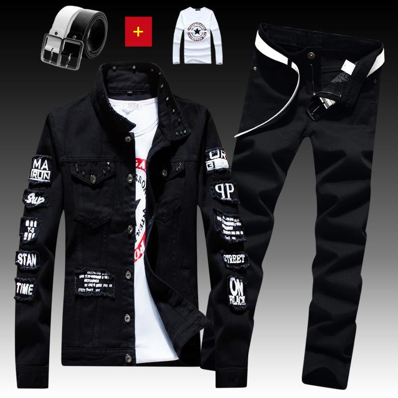 Ensemble 3 pièces veste en jean pour homme, pantalon imprimé lettres, décontracté, simple boutonnage
