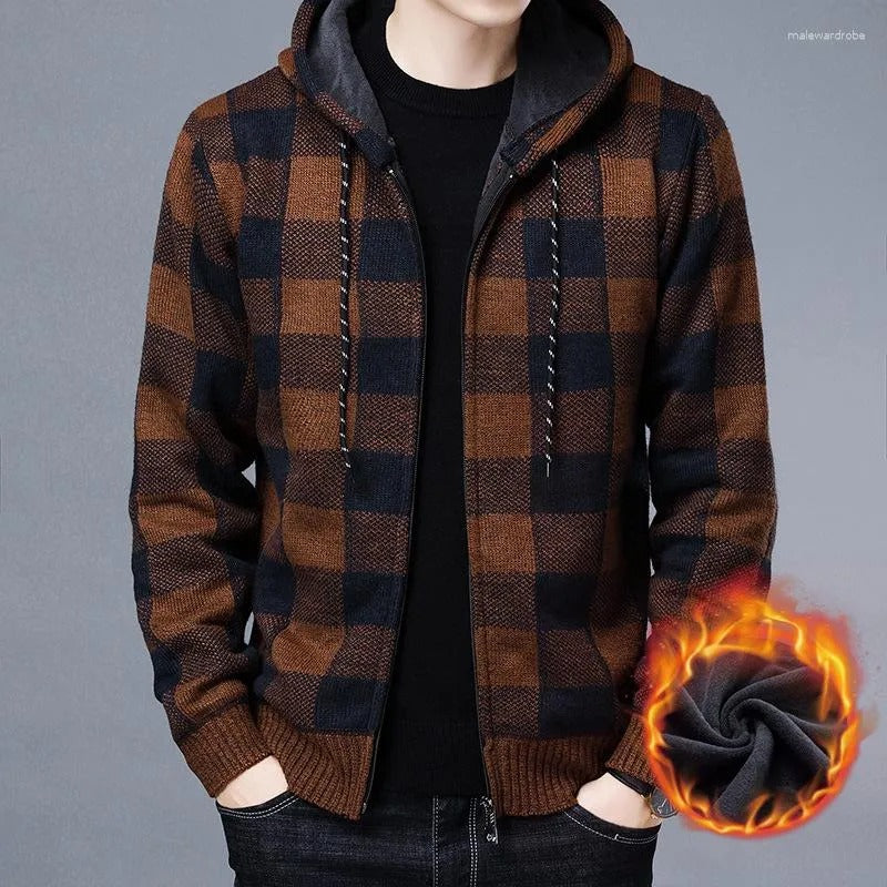 Manteau d'hiver décontracté à capuche pour hommes, tricot, vêtements d'extérieur, pull à carreaux, cardigan à fermeture éclair complète, vestes