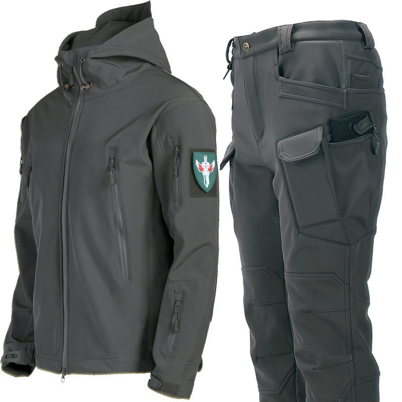Tuta da trekking impermeabile da uomo, giacca a vento tattica, giacca con cappuccio, pantaloni da trekking, per uomo, pile termico, set da caccia | 00856