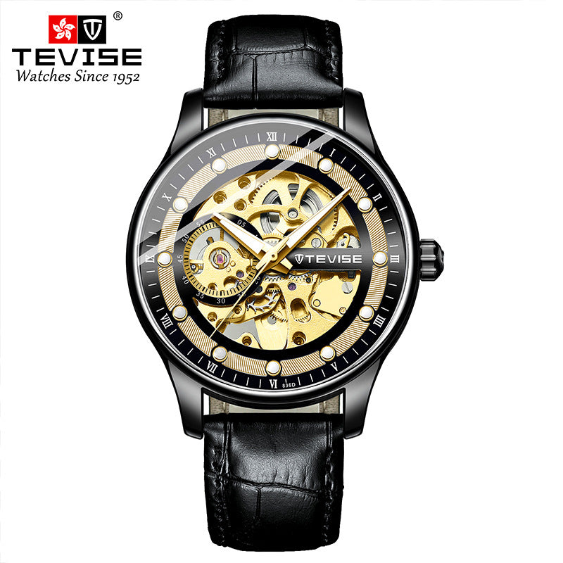 Orologio da polso meccanico automatico scheletrato da uomo con cinturino in pelle | T836D