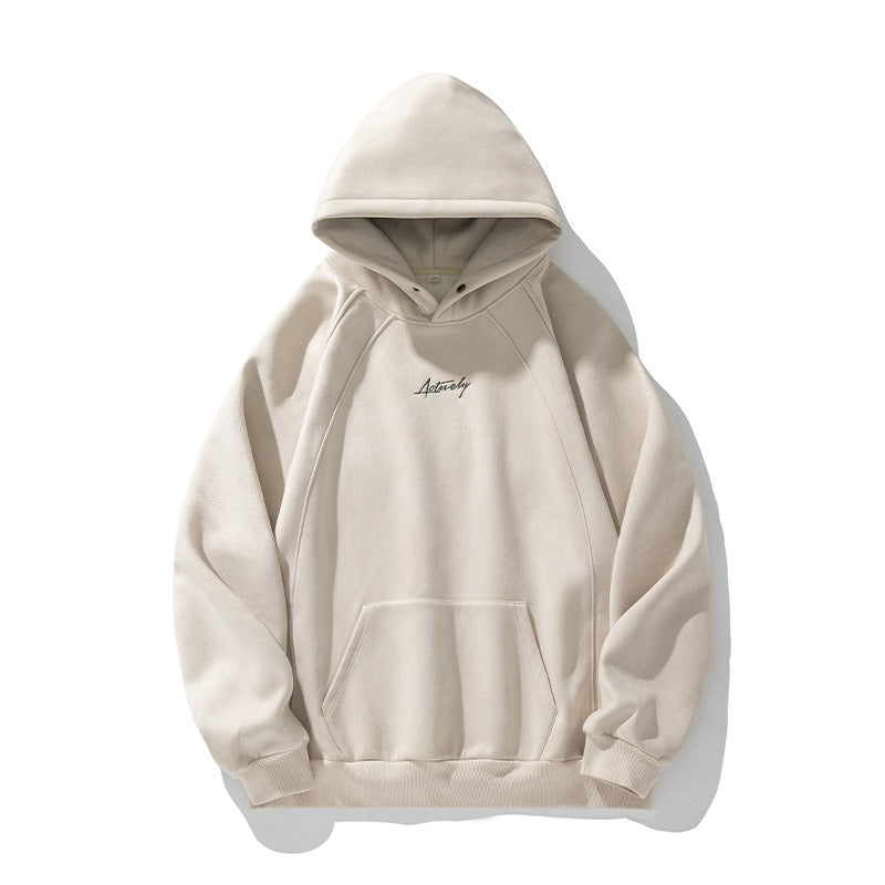 Unisex Heavy Suede Hooded Sweatshirt Retro American Style for Autumn & Winter Loose Fit Hoodie | L3848