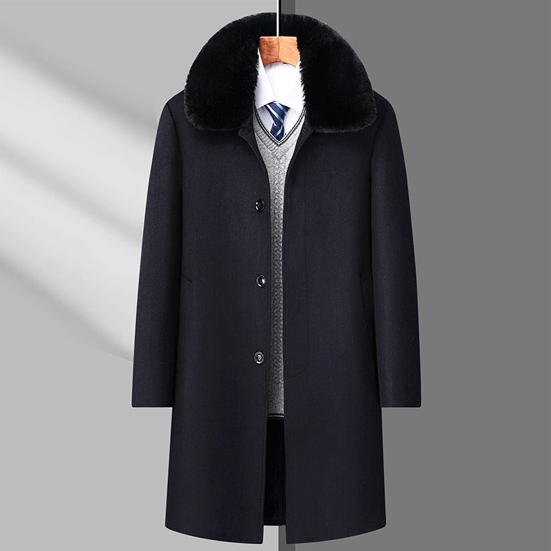 Trench lungo monopetto casual da uomo, da lavoro, invernale, in lana, con collo in pelliccia | DY9802