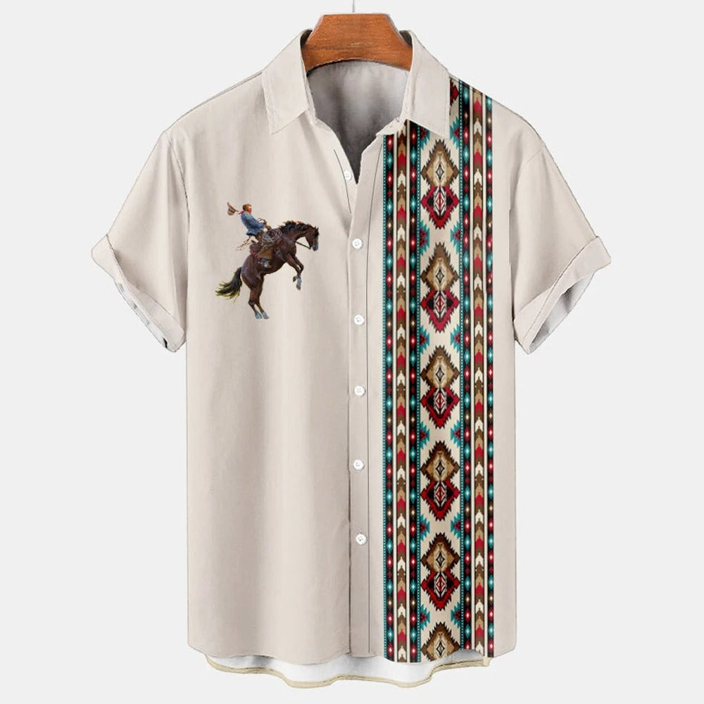 Maglietta casual a maniche corte da uomo con stampa etnica vintage, da cowboy, con risvolto e bottoni, polo da strada