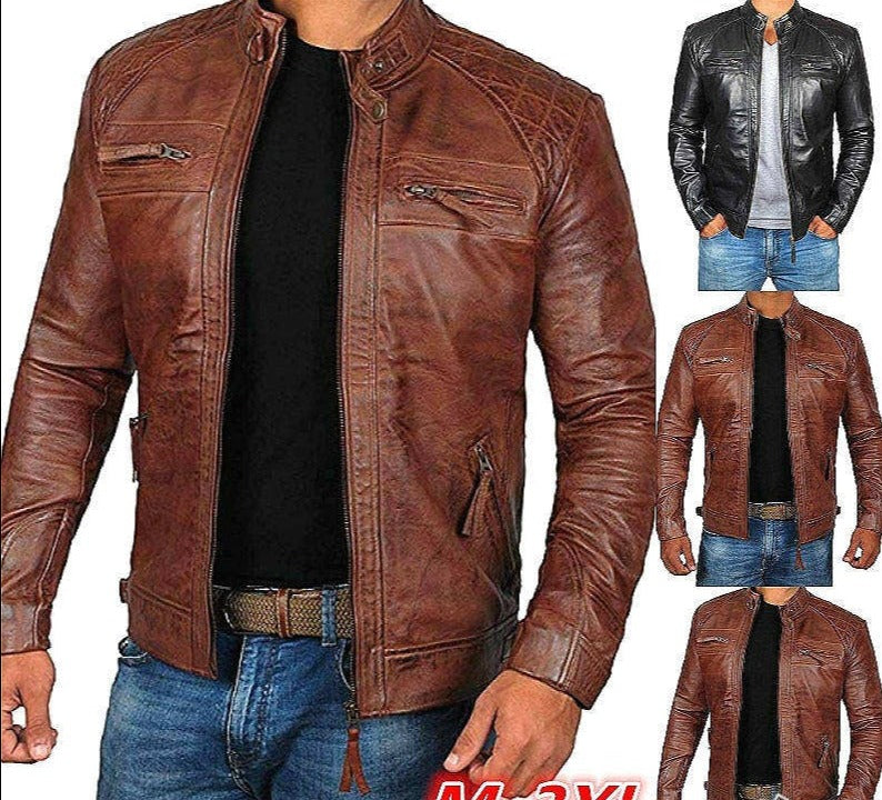 Veste en cuir d'agneau véritable vieilli à col montant pour homme | PY51