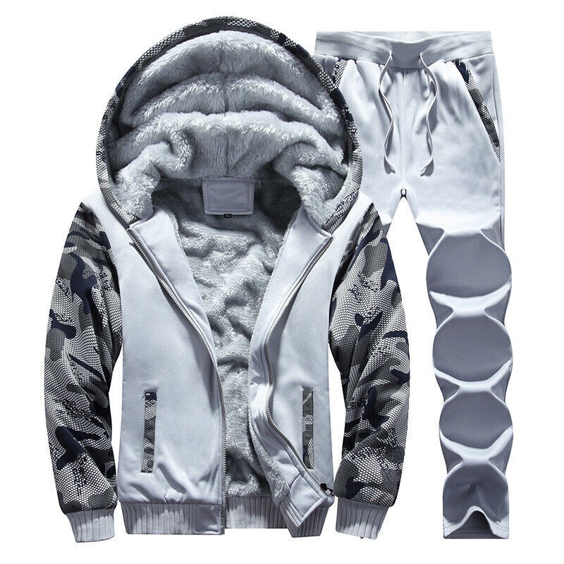 Survêtement camouflage pour homme avec fermeture éclair et veste à capuche en polaire épaisse d'hiver + pantalon