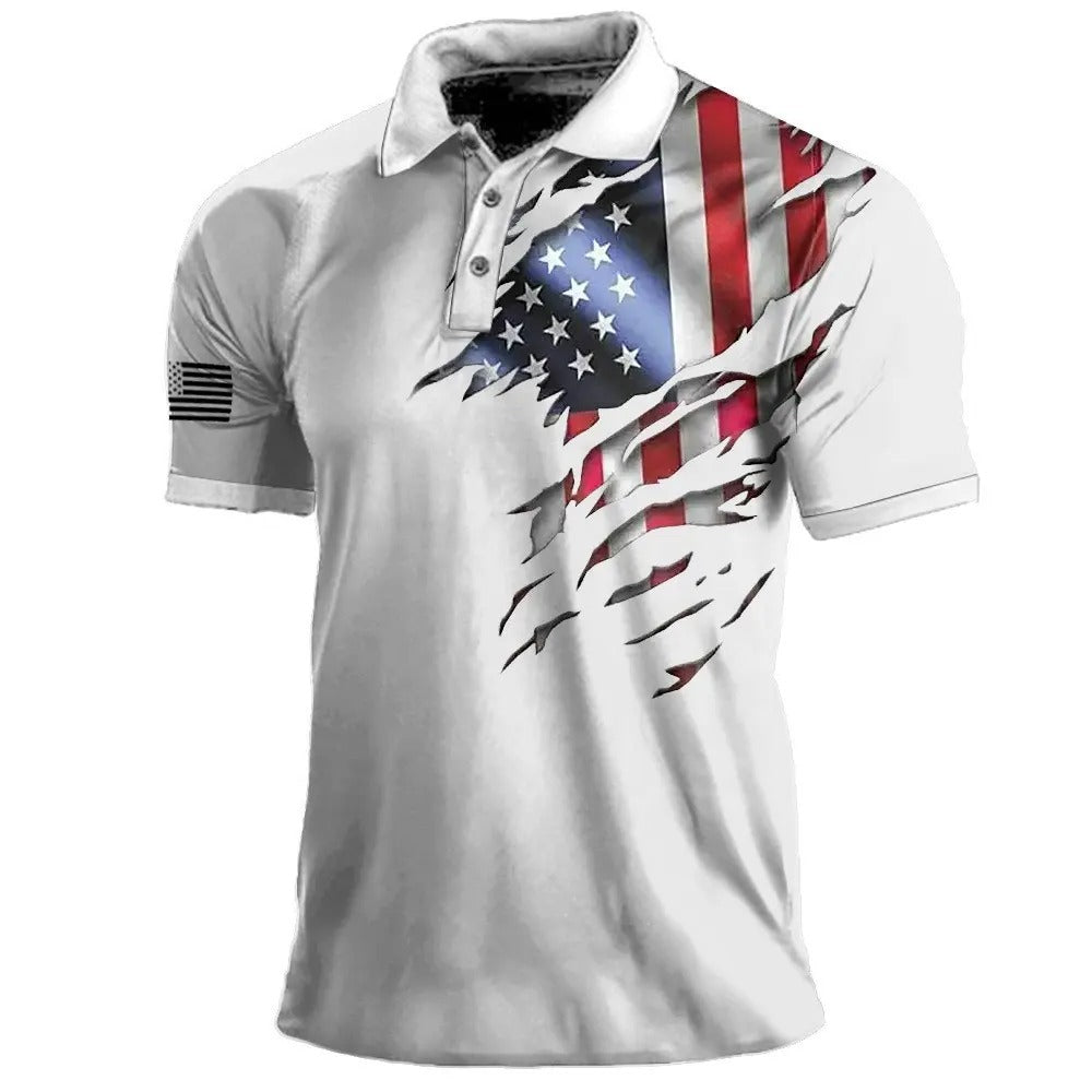 Polo à imprimé drapeau américain pour homme, t-shirt de sport à manches courtes et revers pour l'extérieur | 112