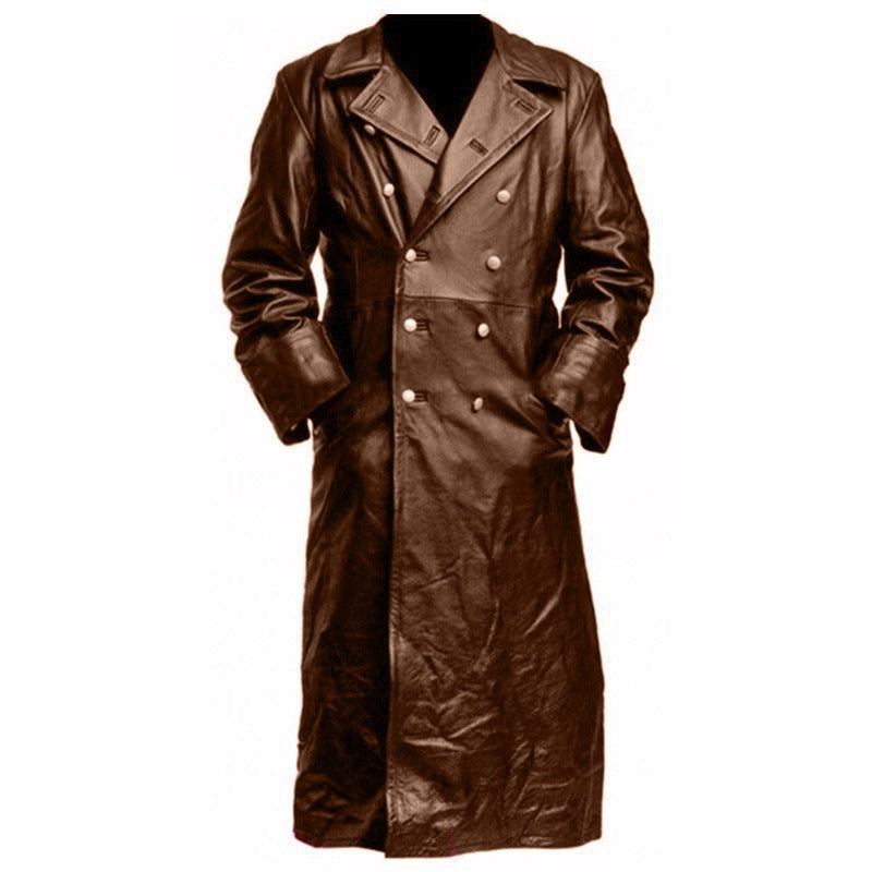 Men's Winter Long Coat Leather Double-Breasted German Military Jacket | 1217-FY8