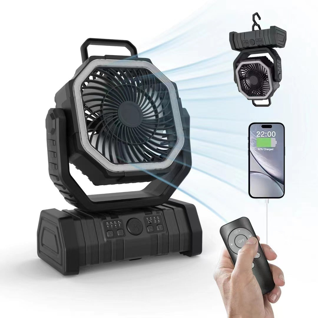 Ventilatore da campeggio portatile ricaricabile per esterni con gancio Ventilatore da tavolo USB con luce LED di emergenza e power bank per picnic, escursionismo, pesca