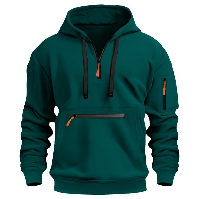 Men’s Pullover Hoodie Solid Pattern Zippered Lined Collar Loose Fit Casual Sportswear | TZ-28