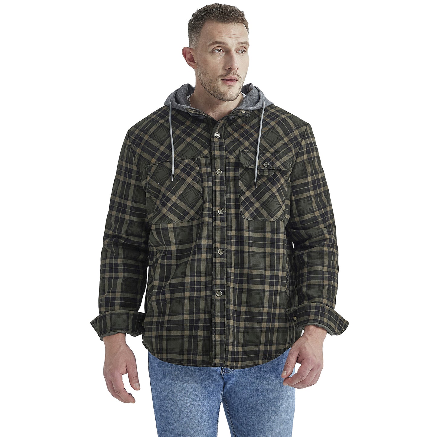 Top Quality Men's Plaid Checked Shirt Jacket Plus Size Velvet Lined Windproof Warm Hooded Cotton Coat | 3252
