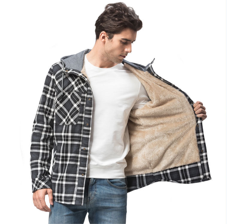 Top Quality Men's Plaid Checked Shirt Jacket Plus Size Velvet Lined Windproof Warm Hooded Cotton Coat | 3252