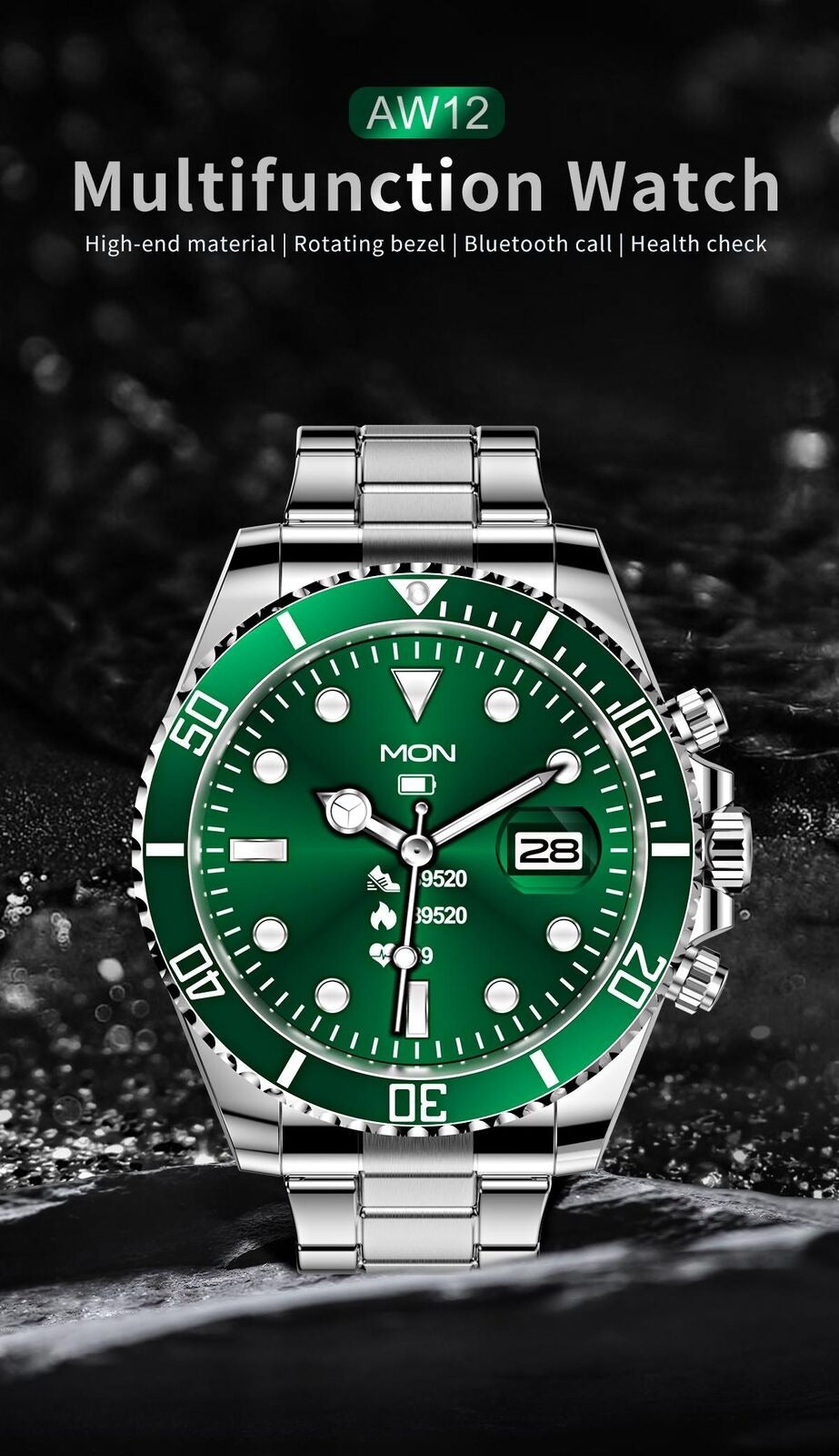 Montre connectée pour homme avec bracelet en acier et appels BT, style Rolex, pour le sport et les affaires | AW-12