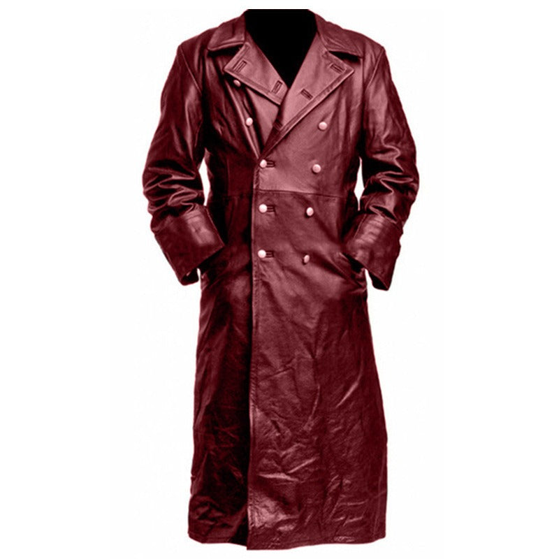 Men's Winter Long Coat Leather Double-Breasted German Military Jacket | 1217-FY8