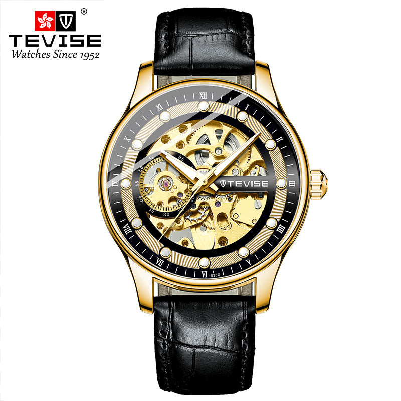 Orologio da polso meccanico automatico scheletrato da uomo con cinturino in pelle | T836D