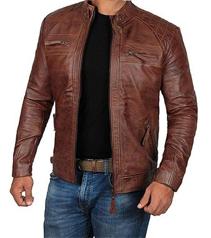 Veste en cuir d'agneau véritable vieilli à col montant pour homme | PY51