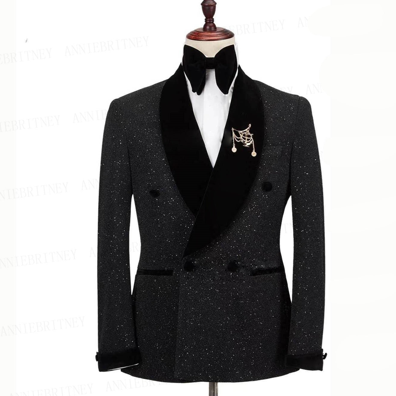Giacca lucida con pantaloni set abiti 2 pezzi smoking sposo nero velluto piatto collo scialle abiti da sposa smoking | LL830
