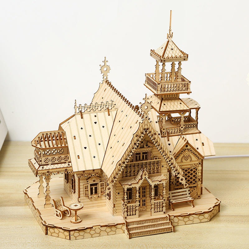 Puzzle 3D in legno Villa Castello Fai da te Artigianato in legno Bambini Illumina Hobby Giocattoli educativi | PT-045