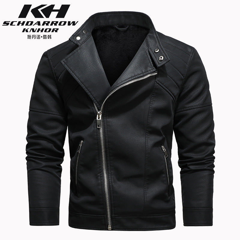 Men's PU Leather Jacket Padded Lapel Oblique Lapel Zipper Korean Stand-up Collar Jacket Blazer | KH-138