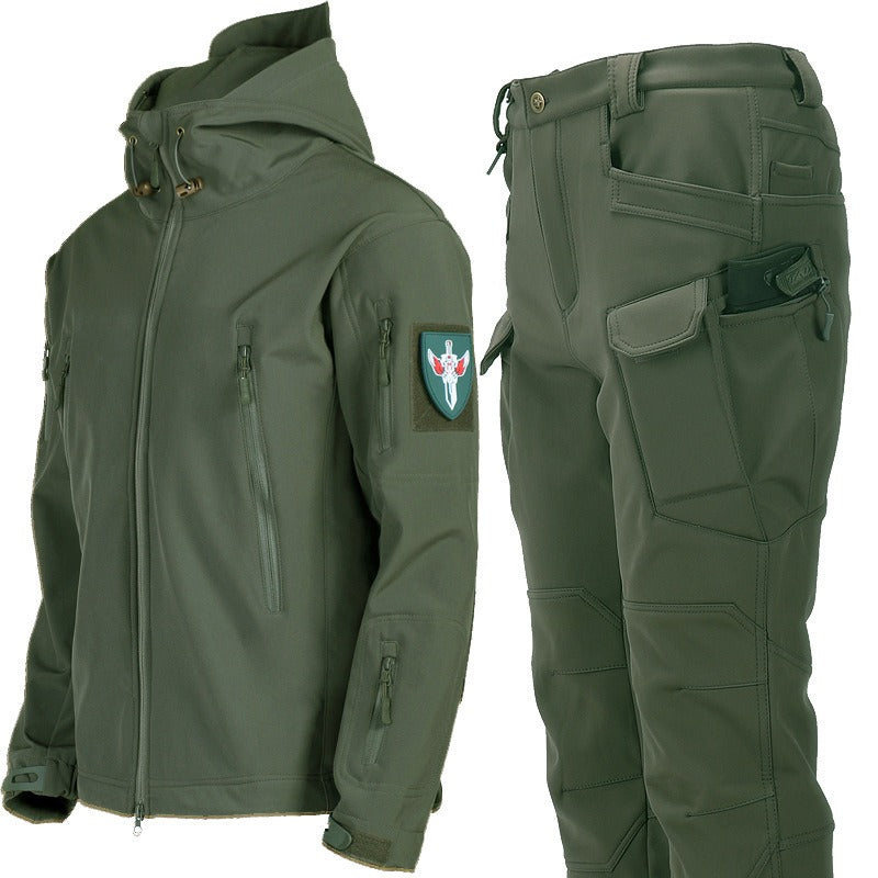 Tuta da trekking impermeabile da uomo, giacca a vento tattica, giacca con cappuccio, pantaloni da trekking, per uomo, pile termico, set da caccia | 00856