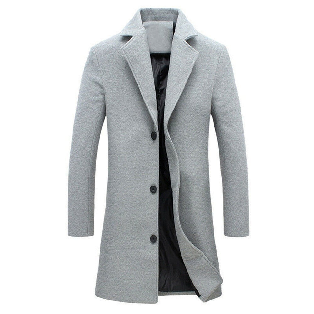 Veste en laine pour hommes, couleur unie, simple boutonnage, revers, long manteau, manteau d'affaires | D67