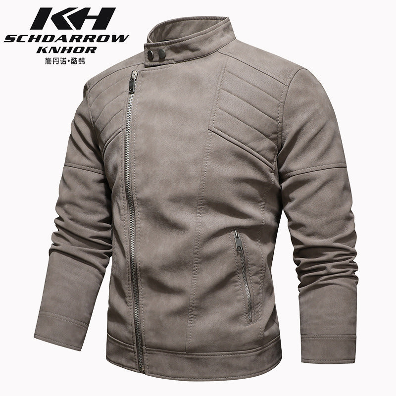 Men's PU Leather Jacket Padded Lapel Oblique Lapel Zipper Korean Stand-up Collar Jacket Blazer | KH-138