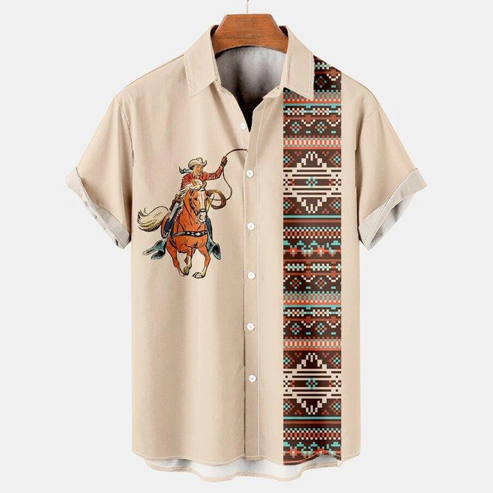 Maglietta casual a maniche corte da uomo con stampa etnica vintage, da cowboy, con risvolto e bottoni, polo da strada