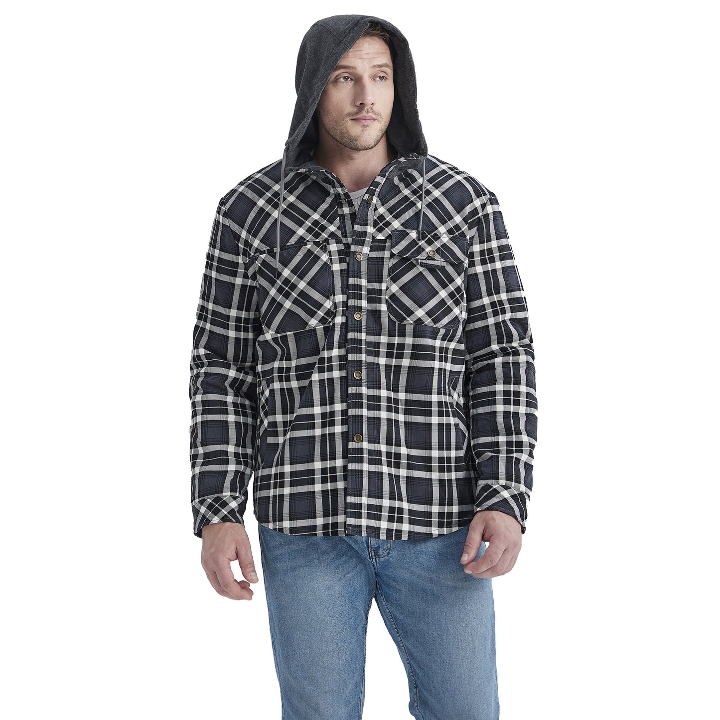 Top Quality Men's Plaid Checked Shirt Jacket Plus Size Velvet Lined Windproof Warm Hooded Cotton Coat | 3252