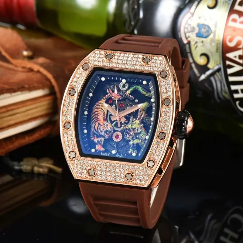 Orologio da uomo di lusso RM Top Luminous Dragon Tiger Diamond Pattern Orologio automatico in gomma | 9924LH